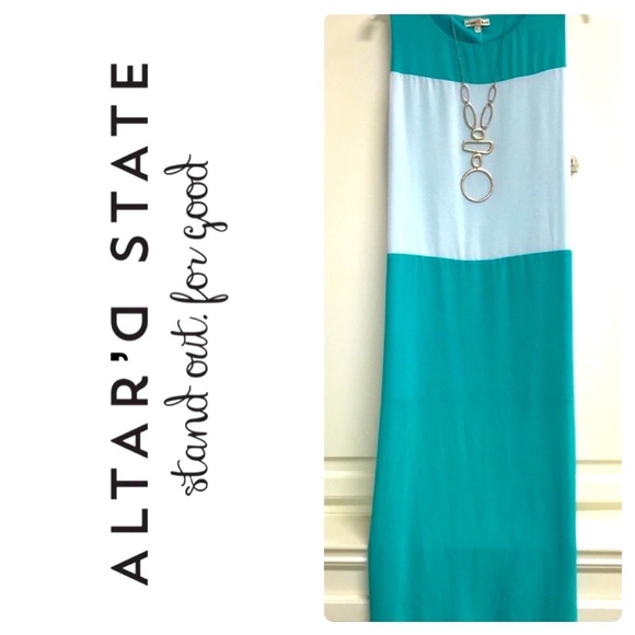 ALTAR’D STATE Maxi Silk Dress Jade Green White Color Block Lined Size Large - Picture 8 of 13